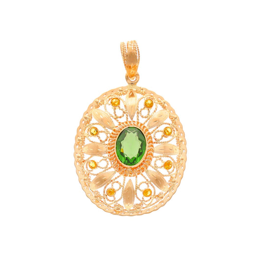 Medalha Rendilhada em Ouro de 19kl com Pedra Verde e Pedras Amarelas - Loja do Ouro