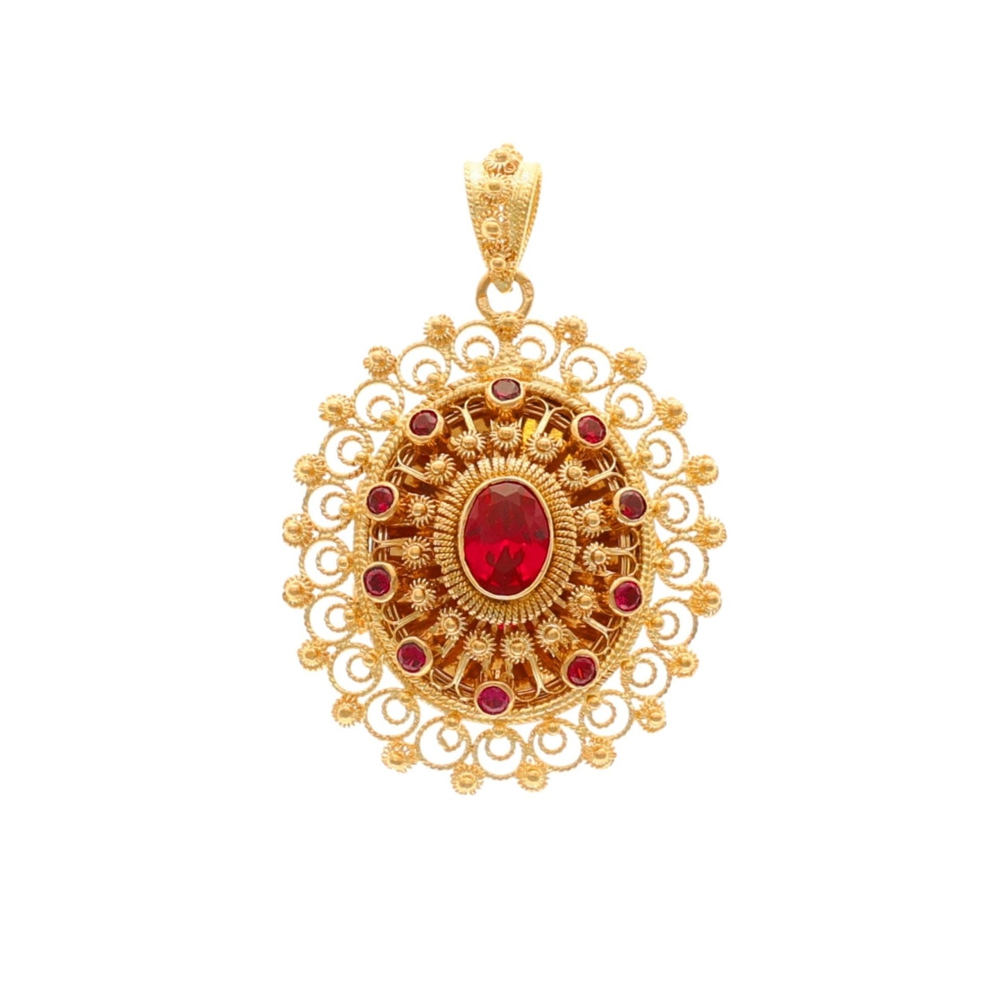 Medalhão Relicário em Ouro 19kl com Rubi e Topazios Vermelhos - Loja do Ouro