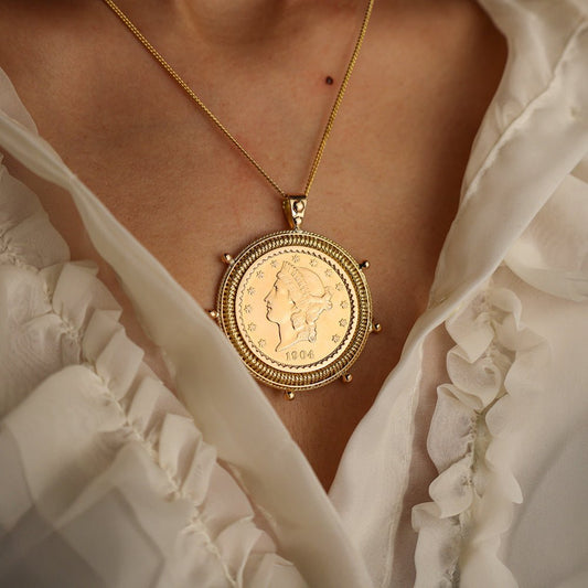 Moeda 20 Dólares (1904) em Ouro 22kl com Aro estilo Leme em Ouro 19kl - Loja do Ouro