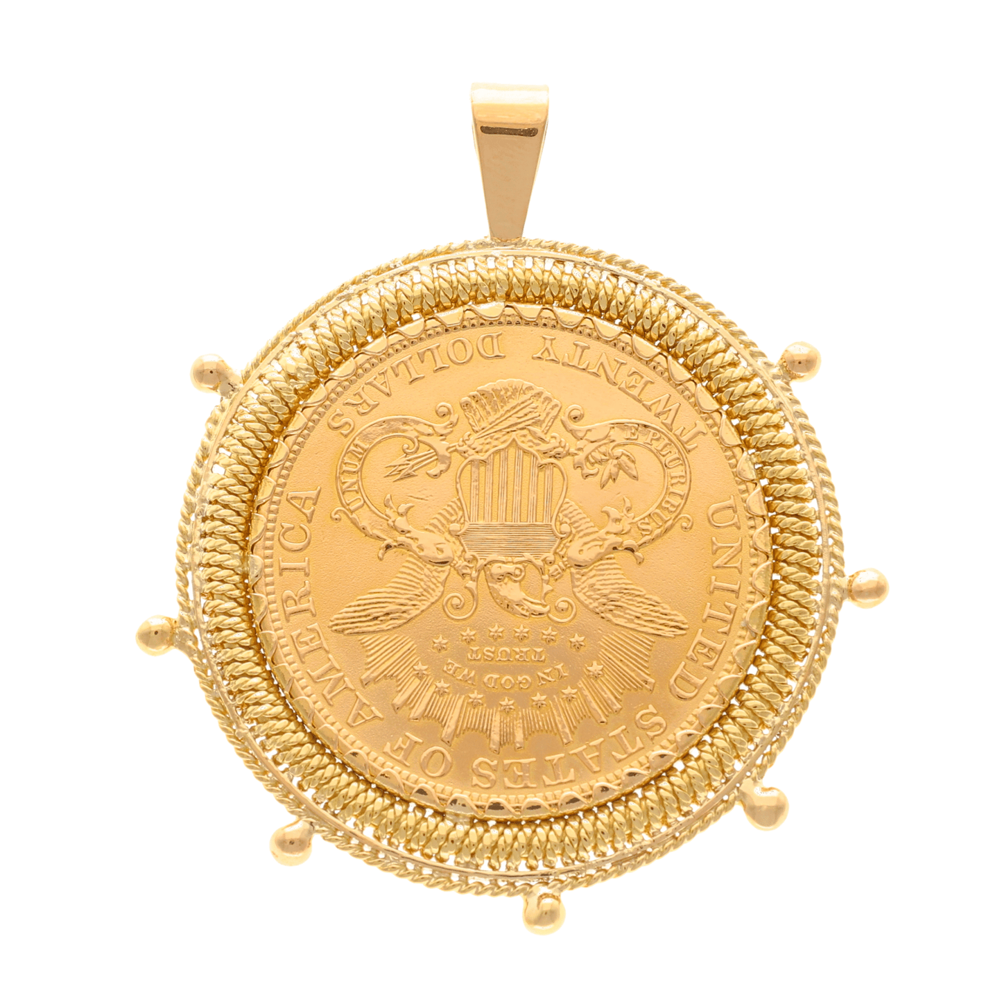 Moeda 20 Dólares (1904) em Ouro 22kl com Aro estilo Leme em Ouro 19kl - Loja do Ouro