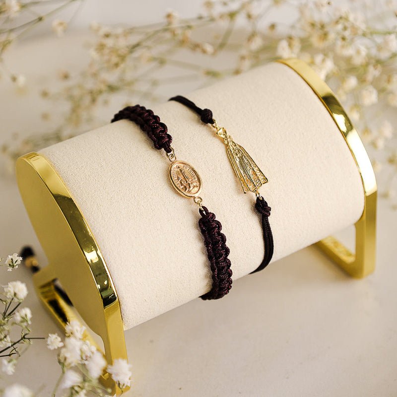 Pulseira Ajustável em Nylon com Medalha N Sra de Fátima em Prata Dourada - Loja do Ouro