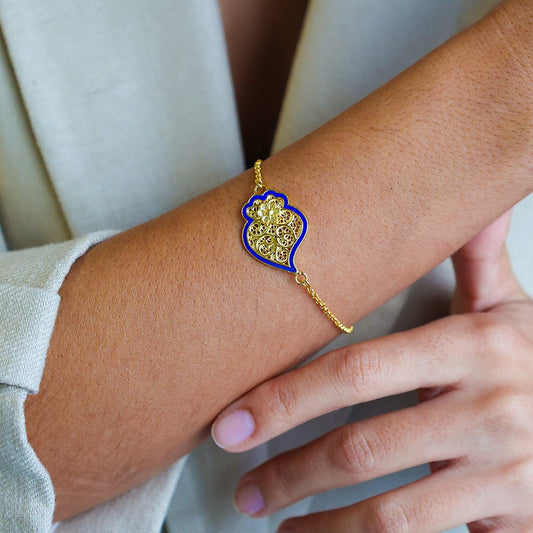 Pulseira Coração de Viana em Prata Dourada com Esmalte Azul - Loja do Ouro