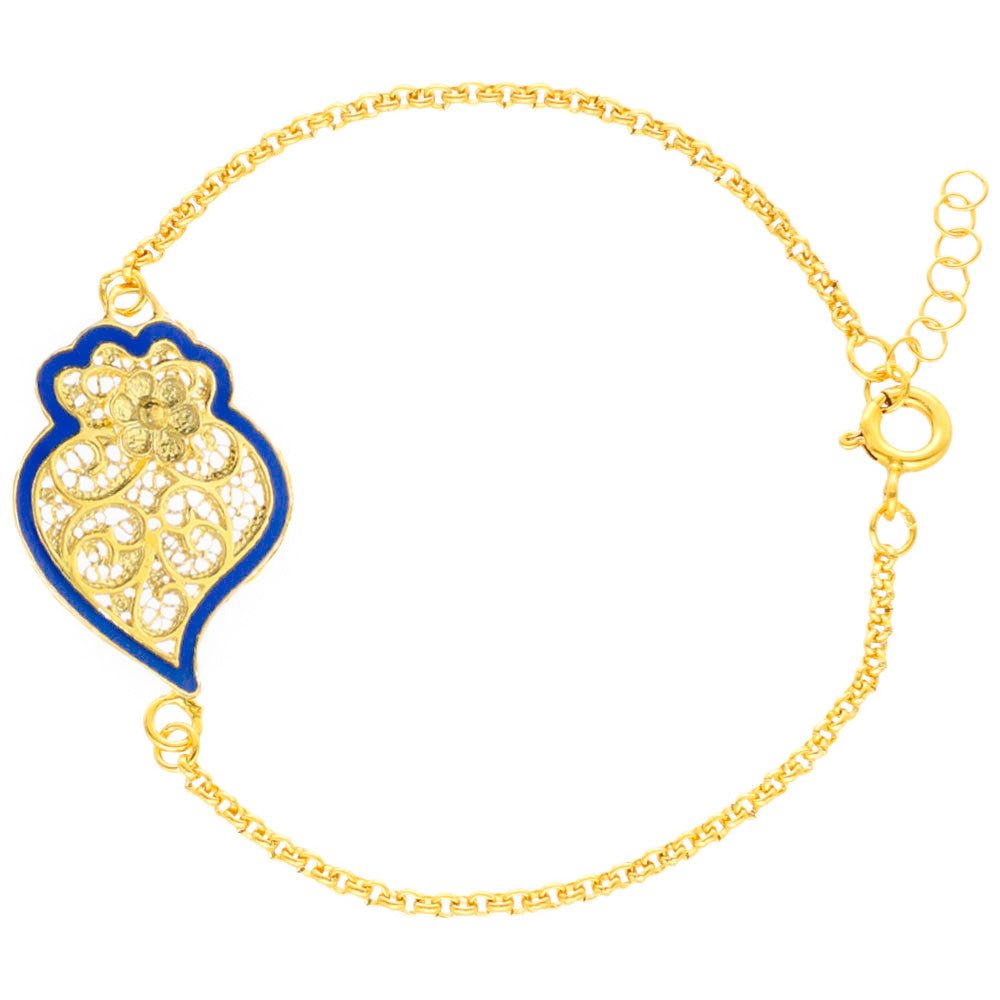 Pulseira Coração de Viana em Prata Dourada com Esmalte Azul - Loja do Ouro