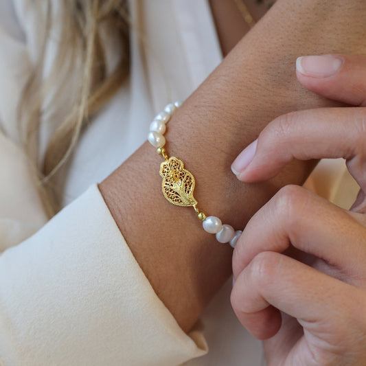 Pulseira Coração de Viana em Prata Dourada com Pérolas - Loja do Ouro