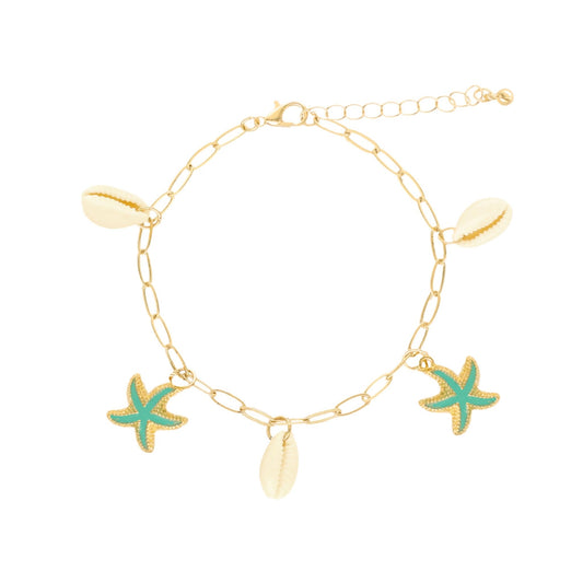 Pulseira de Pé em Aço Inoxidável com Búzios e Estrelas Turquesa - Loja do Ouro