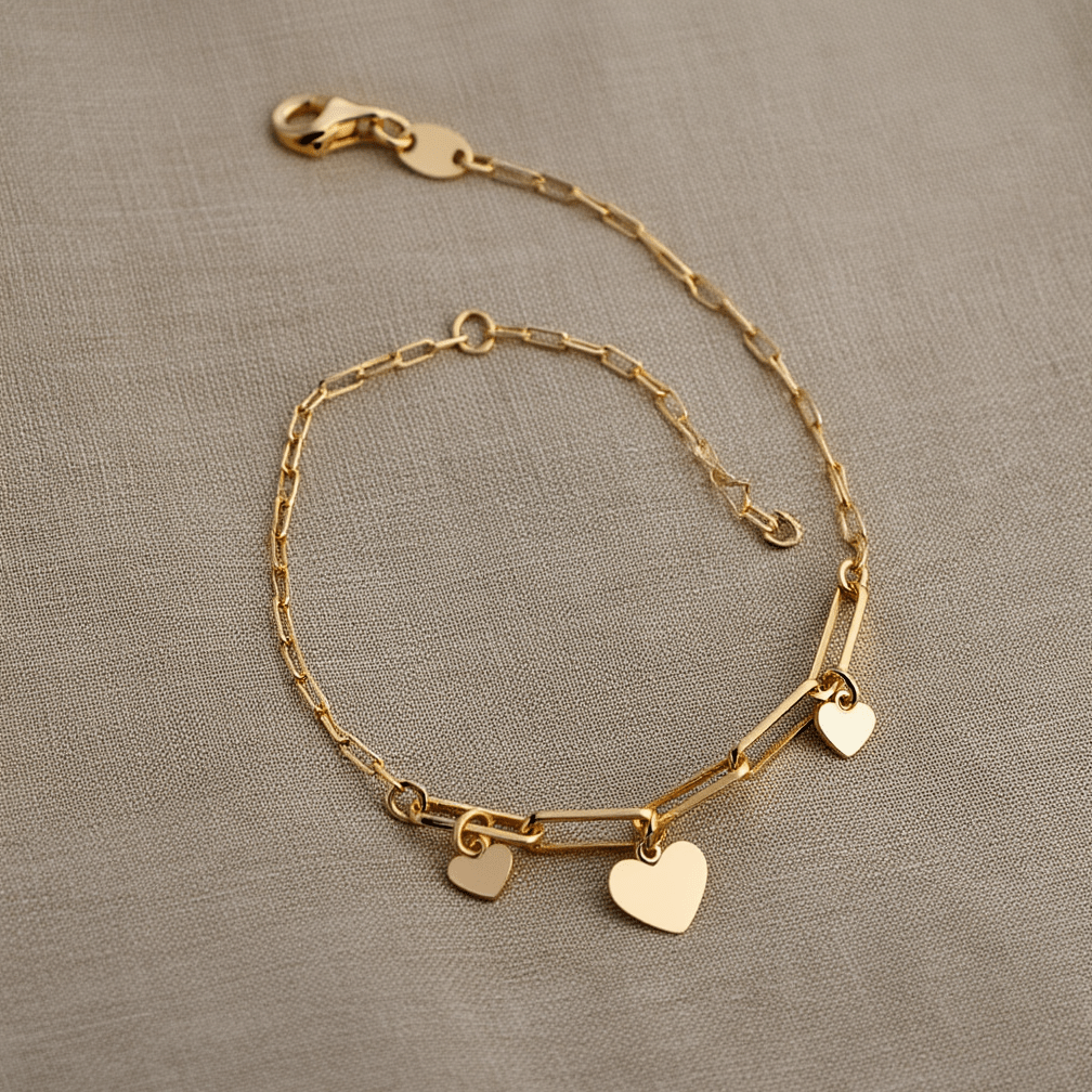 Pulseira em Prata Dourada com Corações (15cm) - Loja do Ouro