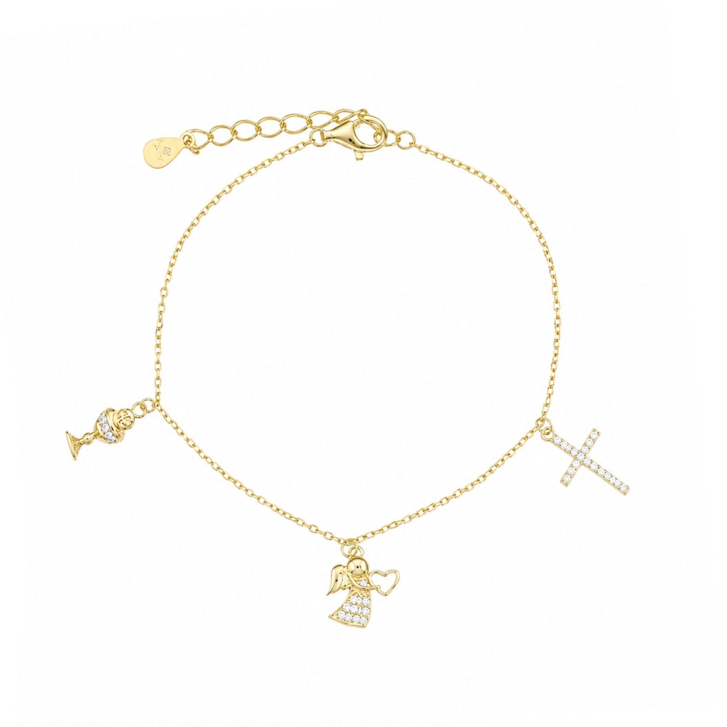 Pulseira em Prata Dourada e Zircónias adornada com Anjo, Cruz e Calice - Loja do Ouro