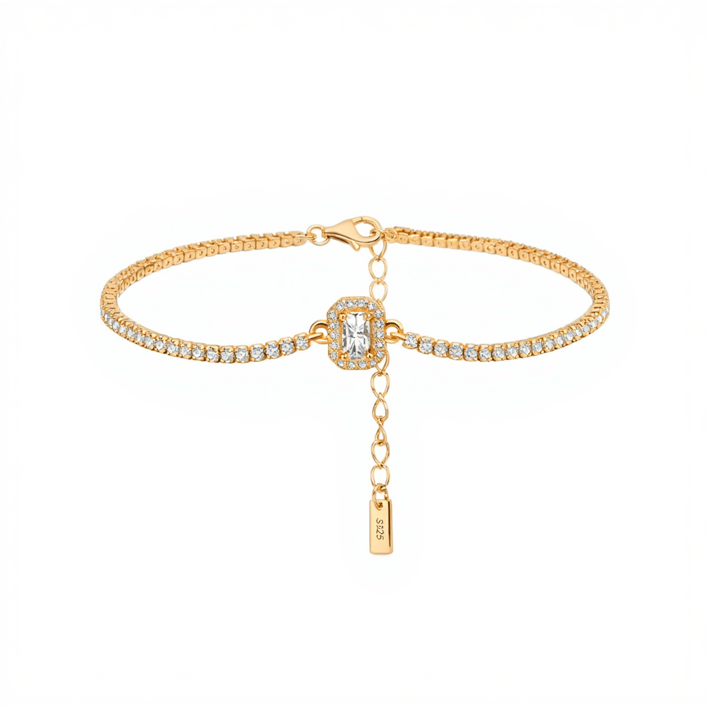 Pulseira Riviera em Prata Dourada com Zircão (15cm) - Loja do Ouro