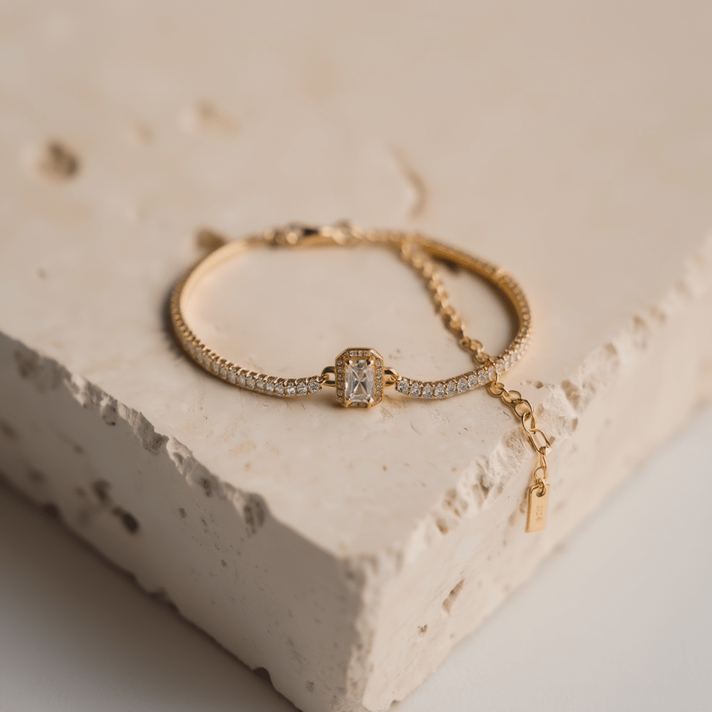 Pulseira Riviera em Prata Dourada com Zircão (15cm) - Loja do Ouro