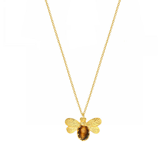 Fio Abelha em Prata Dourada com Pedra Olho de Tigre