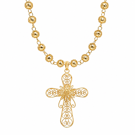 Colar Contas de Viana em Prata Dourada com Crucifixo Filigrana