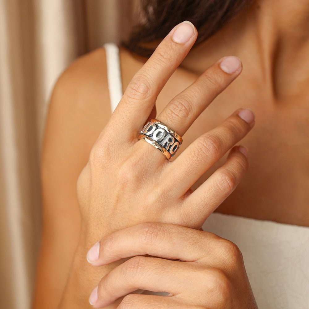 Anel Antistress "Adoro - te Mae" em Prata e Ouro 9kl com Zircónias (T13) - Loja do Ouro