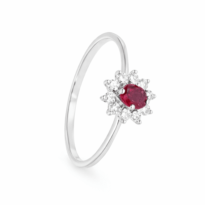 Anel Chuveiro em Ouro Branco com Rubi e Zircónias (T12) - Loja do Ouro