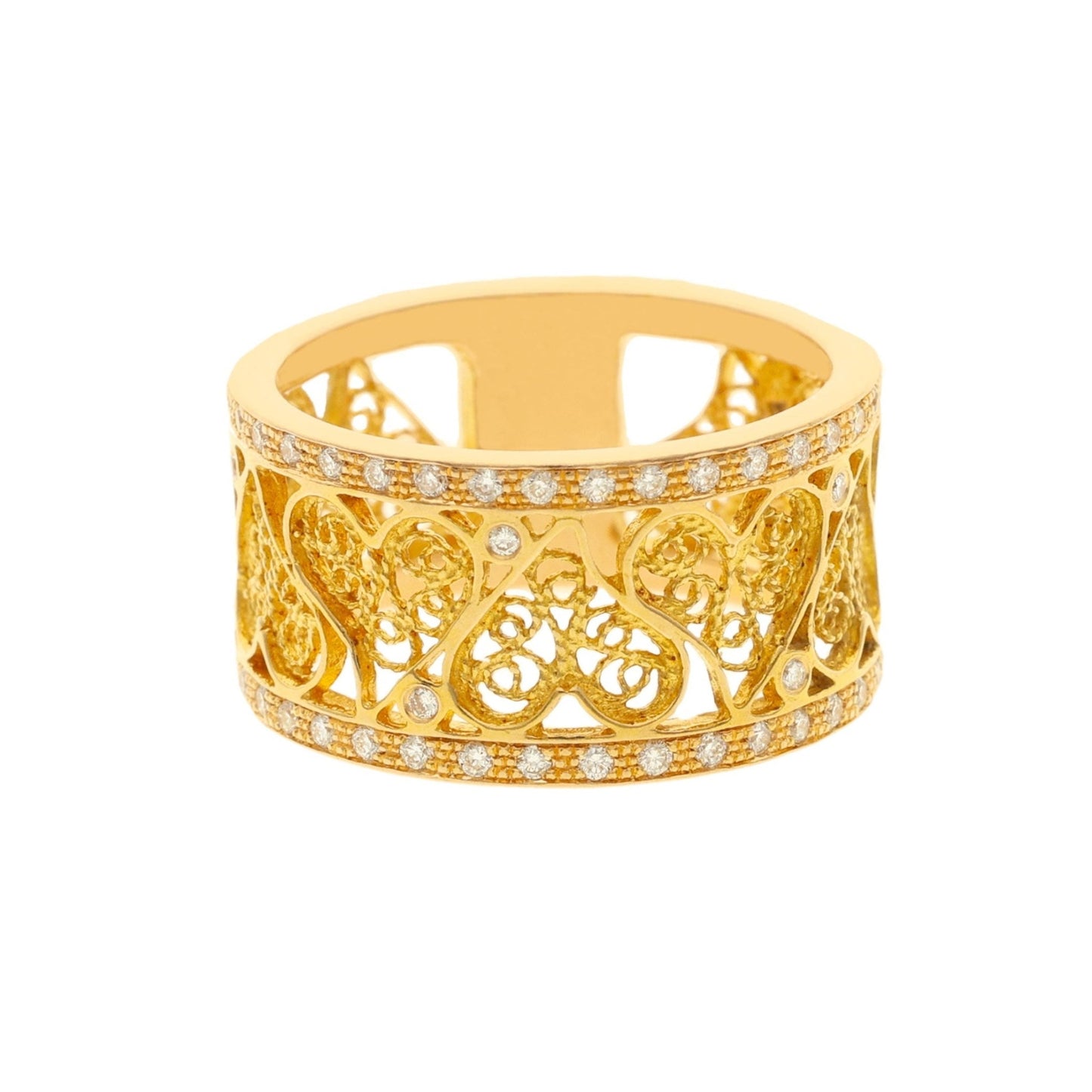 Anel Corações Rendilhados Filigrana em Ouro 19kl com Diamantes (T15) - Loja do Ouro