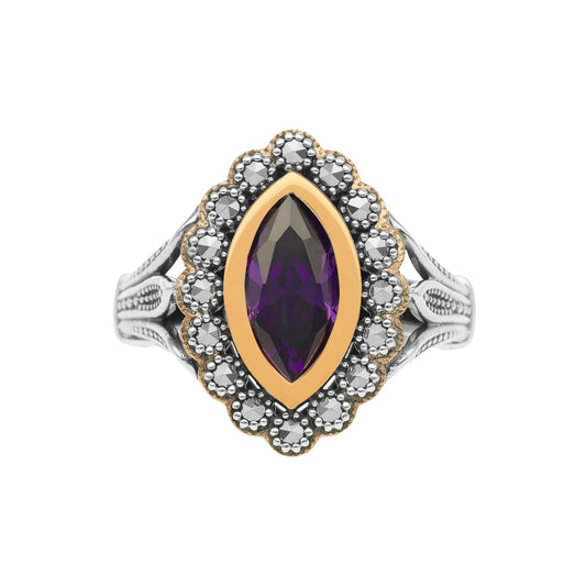 Anel Oval em Prata e Ouro 9kl com Pedra Roxa - Loja do Ouro