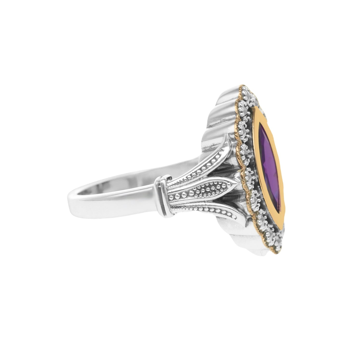 Anel Oval em Prata e Ouro 9kl com Pedra Roxa - Loja do Ouro