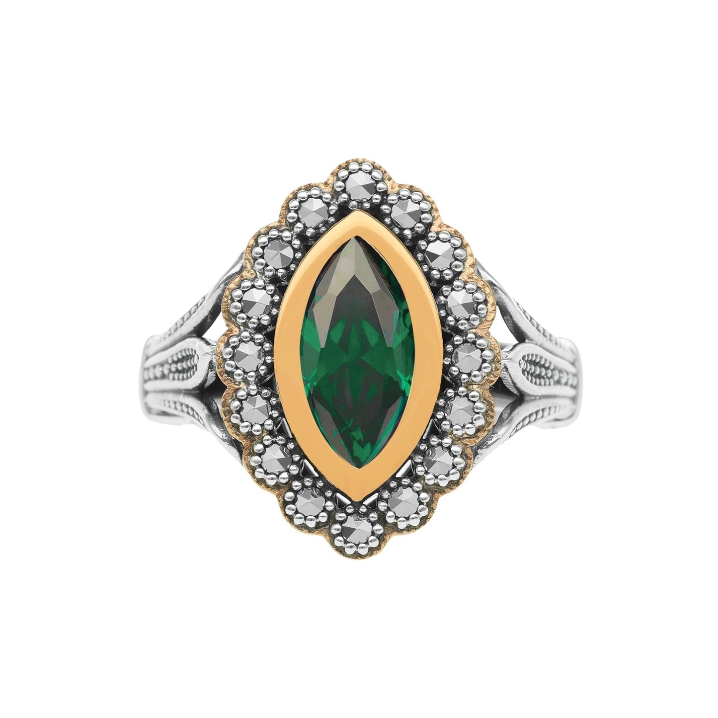 Anel Oval em Prata e Ouro 9kl com Pedra Verde - Loja do Ouro