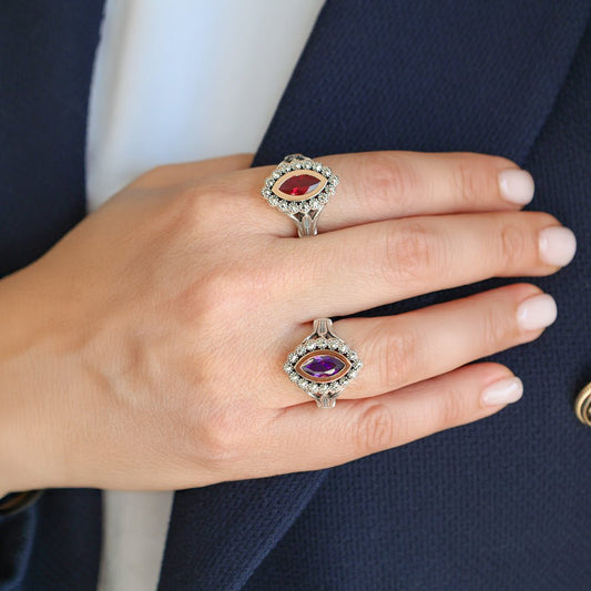 Anel Oval em Prata e Ouro 9kl com Pedra Vermelha - Loja do Ouro