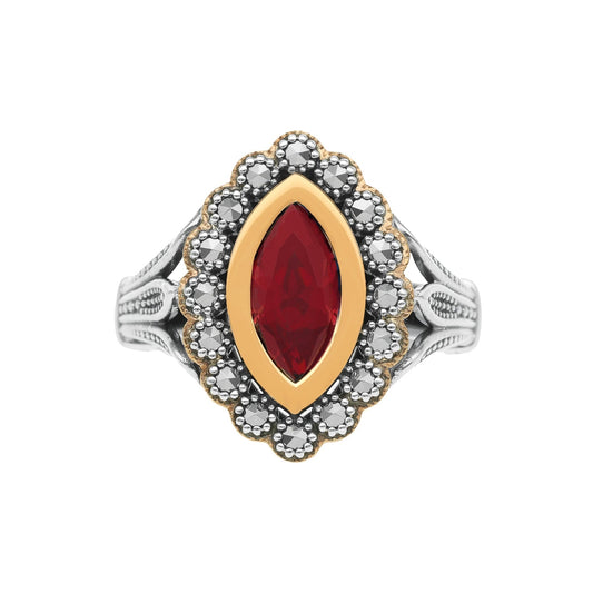 Anel Oval em Prata e Ouro 9kl com Pedra Vermelha - Loja do Ouro
