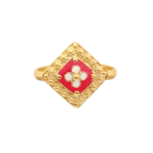 Anel Tradição Quadrado em Prata Dourada e Esmalte Vermelho - Loja do Ouro