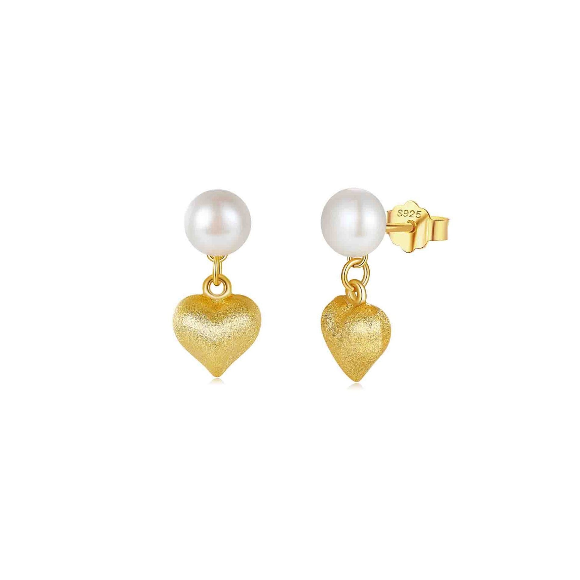 Brincos Coração em Prata Dourada com Pérola - Loja do Ouro