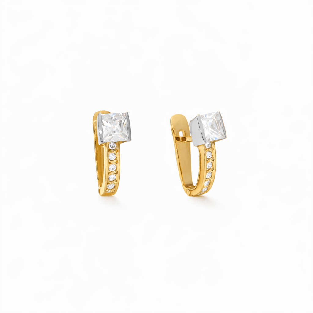 Brincos em Ouro Amarelo e Ouro Branco de 19kl com Zircónia Quadrada - Loja do Ouro