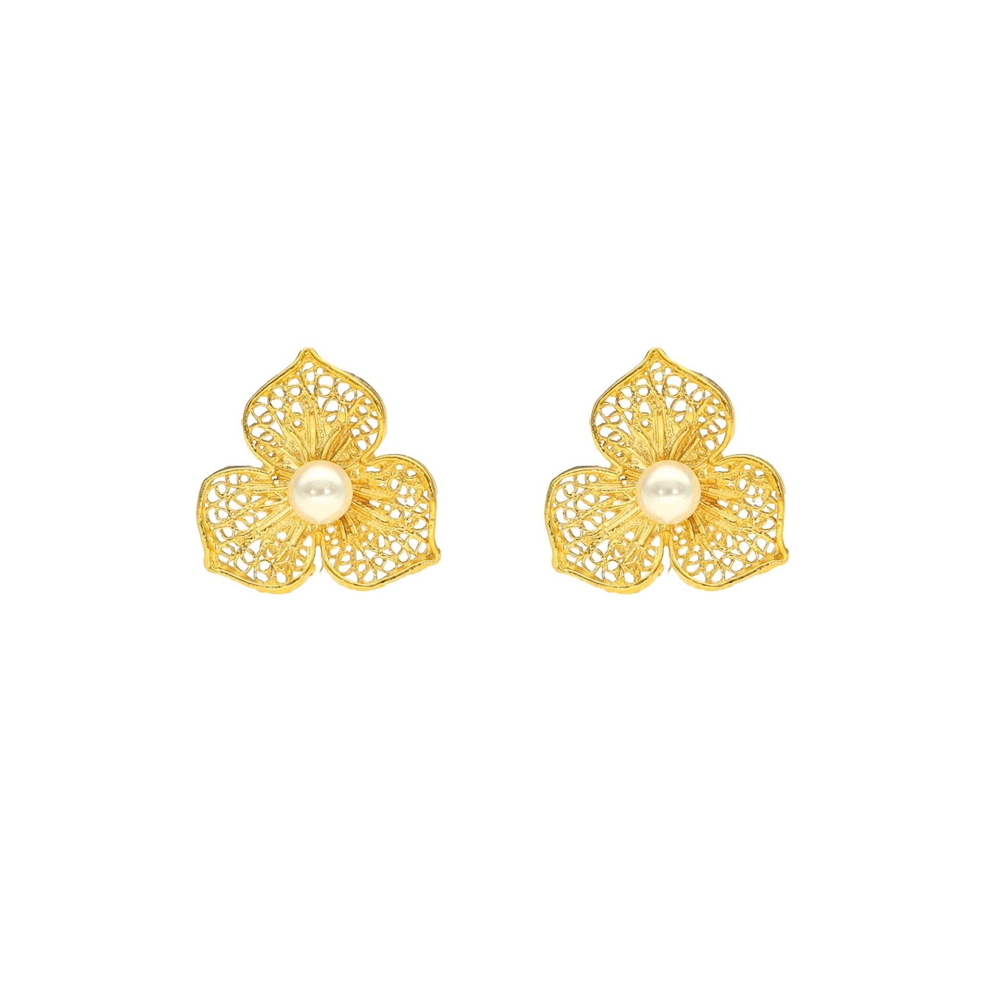 Brincos Flor de Filigrana em Prata Dourada e Pérola - Loja do Ouro