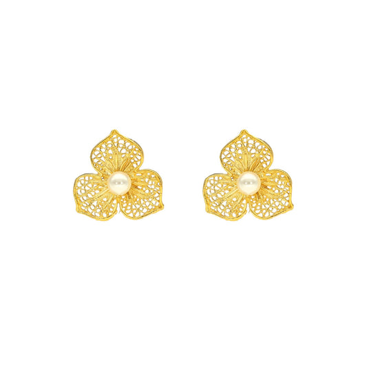 Brincos Flor de Filigrana em Prata Dourada e Pérola - Loja do Ouro