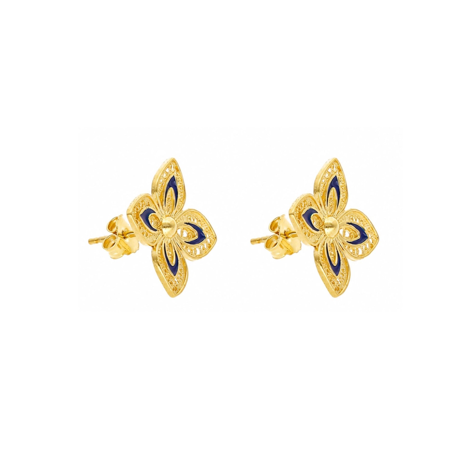 Brincos Flor em Prata Dourada e Esmalte Azul - Loja do Ouro
