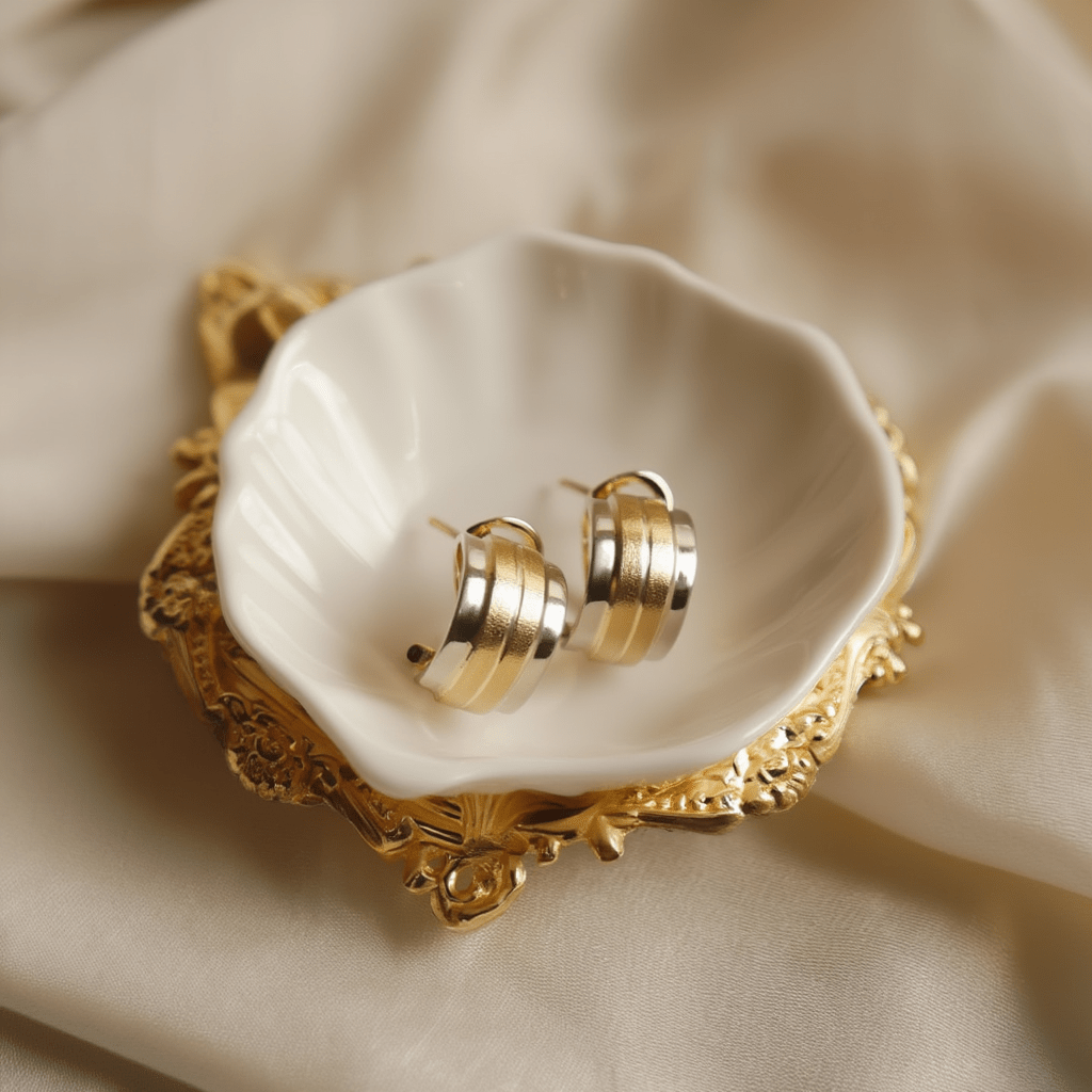 Brincos Meia Argola Cizelada em Ouro Amarelo e Ouro Branco 19kl - Loja do Ouro