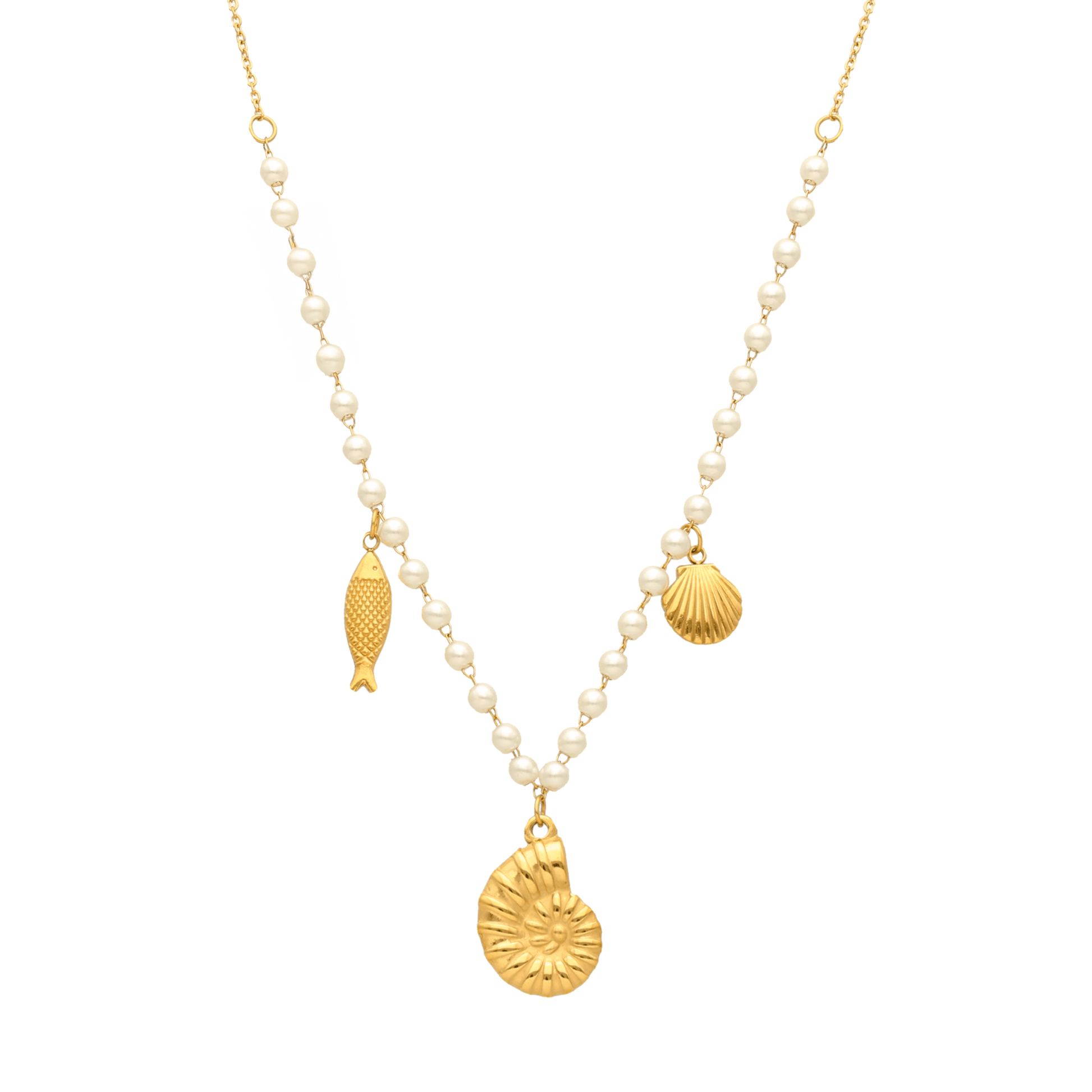 Colar Búzio em Aço Dourado com Pérolas - Loja do Ouro