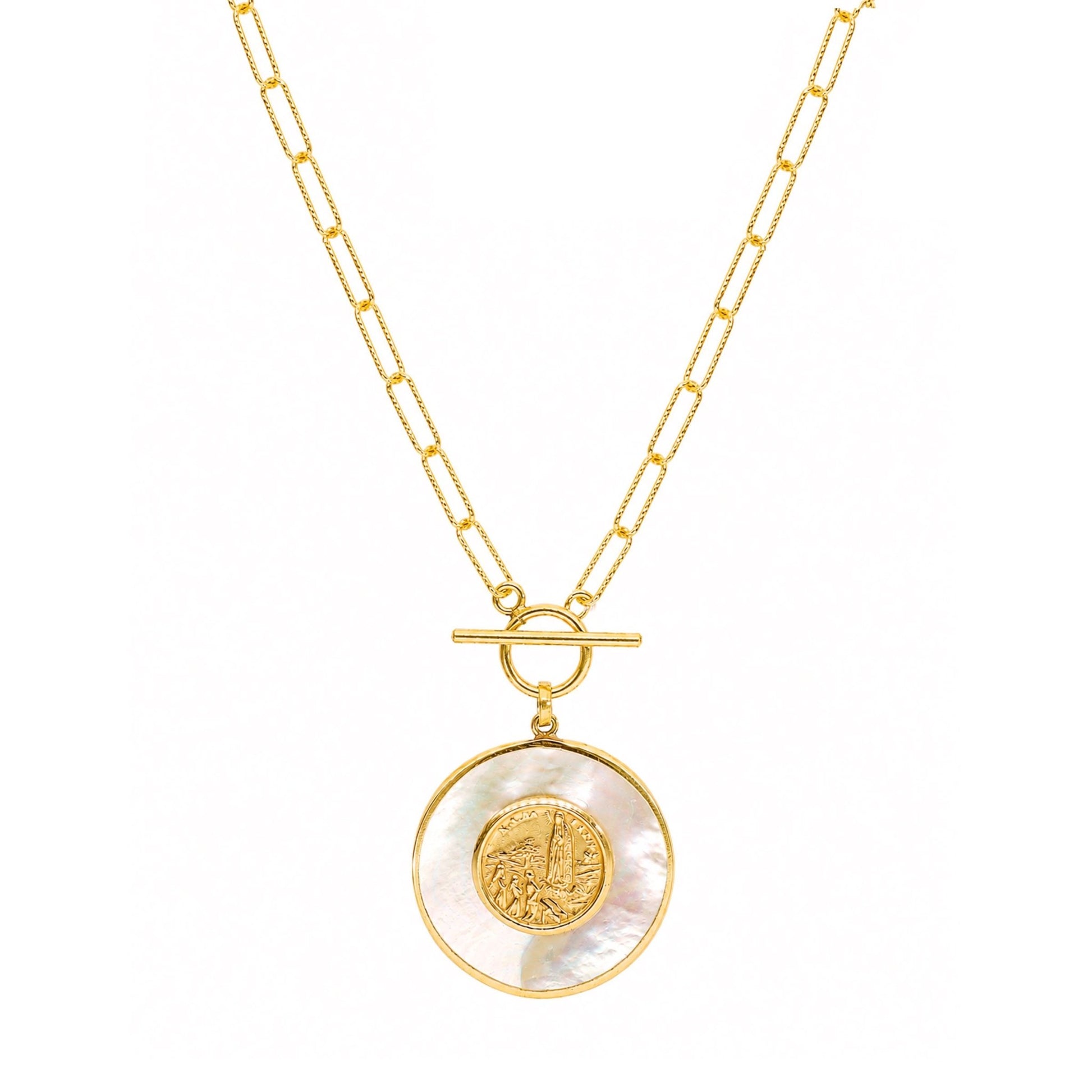 Colar Luz em Prata Dourada com Nossa Senhora e Três Pastorinhos (46cm) - Loja do Ouro