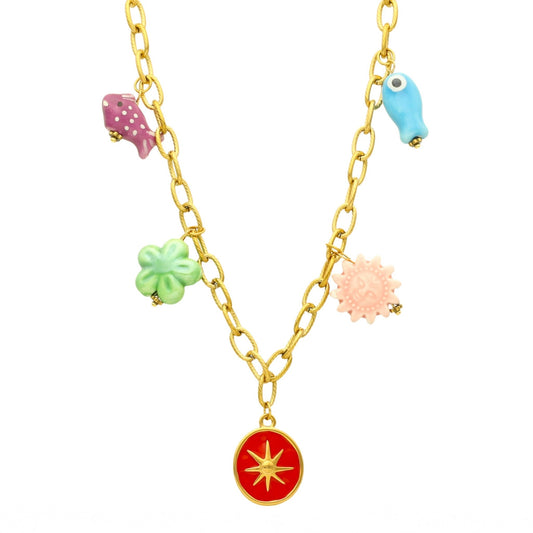 Colar Tropical em Aço Dourado com Pendentes Multicoloridos - Loja do Ouro