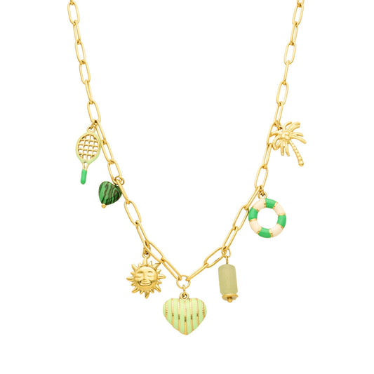 Colar Verano em Aço Dourado com Pendentes de Verão em Tons de Verde - Loja do Ouro