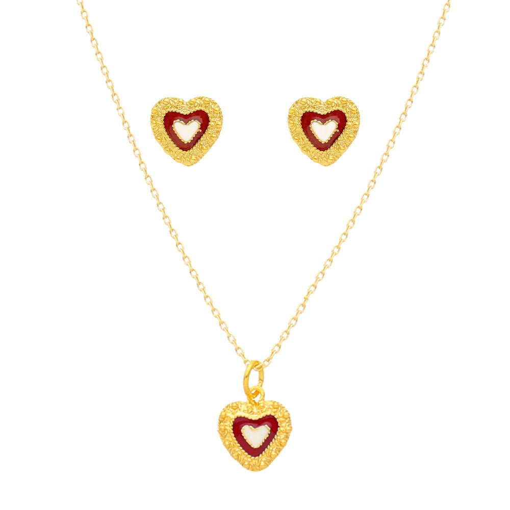 Conjunto Coração Caramujos em Prata com Esmalte Vermelho - Loja do Ouro