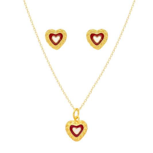 Conjunto Coração Caramujos em Prata com Esmalte Vermelho - Loja do Ouro