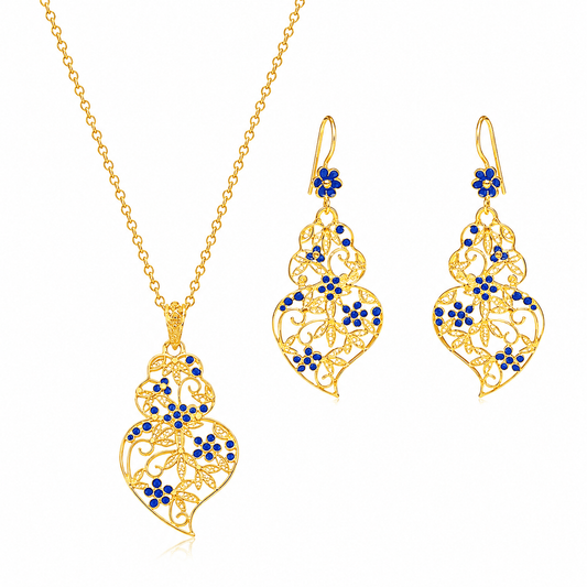Conjunto Coração de Viana em Prata Dourada e Esmalte Azul - Loja do Ouro