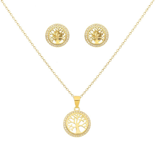 Conjunto Fio e Brincos Arvore da Vida em Prata Dourada e Zircónias - Loja do Ouro