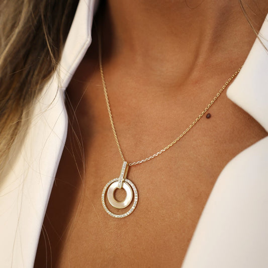 Conjunto Fio e Brincos Circulo Duplo em Prata com Madrepérola e Zircónias - Loja do Ouro