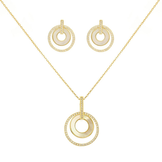 Conjunto Fio e Brincos Circulo Duplo em Prata com Madrepérola e Zircónias - Loja do Ouro