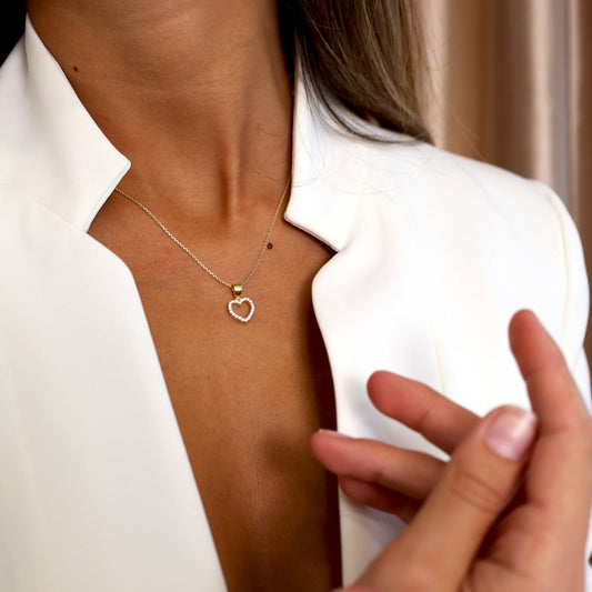 Conjunto Fio e Brincos em Prata Dourada com Coração e Zircónias - Loja do Ouro