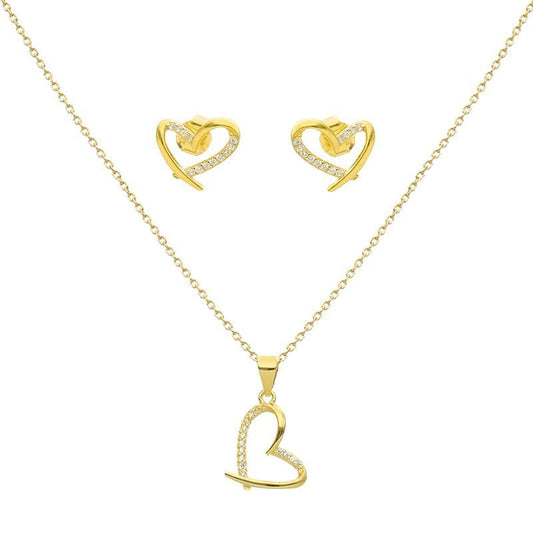 Conjunto Fio e Brincos em Prata Dourada com Coração Estilizado e Zircónias - Loja do Ouro