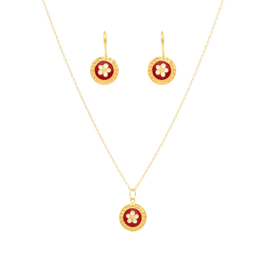 Conjunto Fio e Brincos em Prata Dourada com Medalha Caramujos Redonda Vermelha - Loja do Ouro