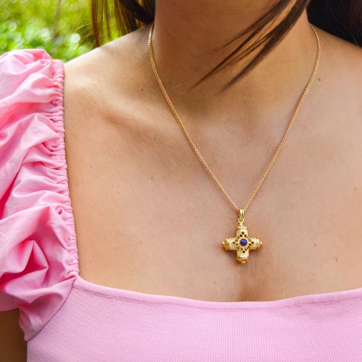 Cruz em Ouro19kl com Pedra Azul (2.5cm) - Loja do Ouro