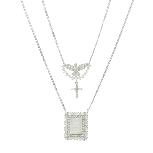 Escapulário em Prata com Imagem Religiosa em Madrepérola com Pomba e Cruz - Loja do Ouro