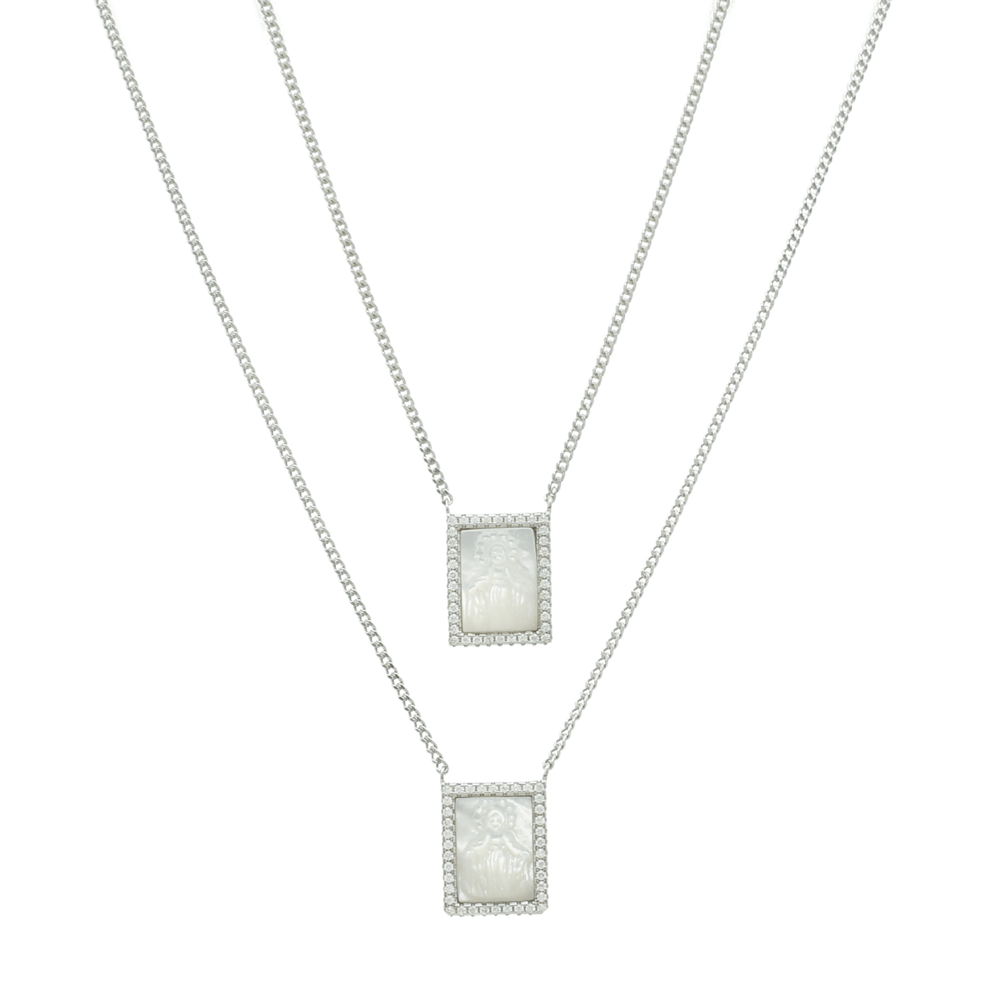 Escapulário em Prata com Imagem Religiosa em Madrepérola e Zircónias - Loja do Ouro