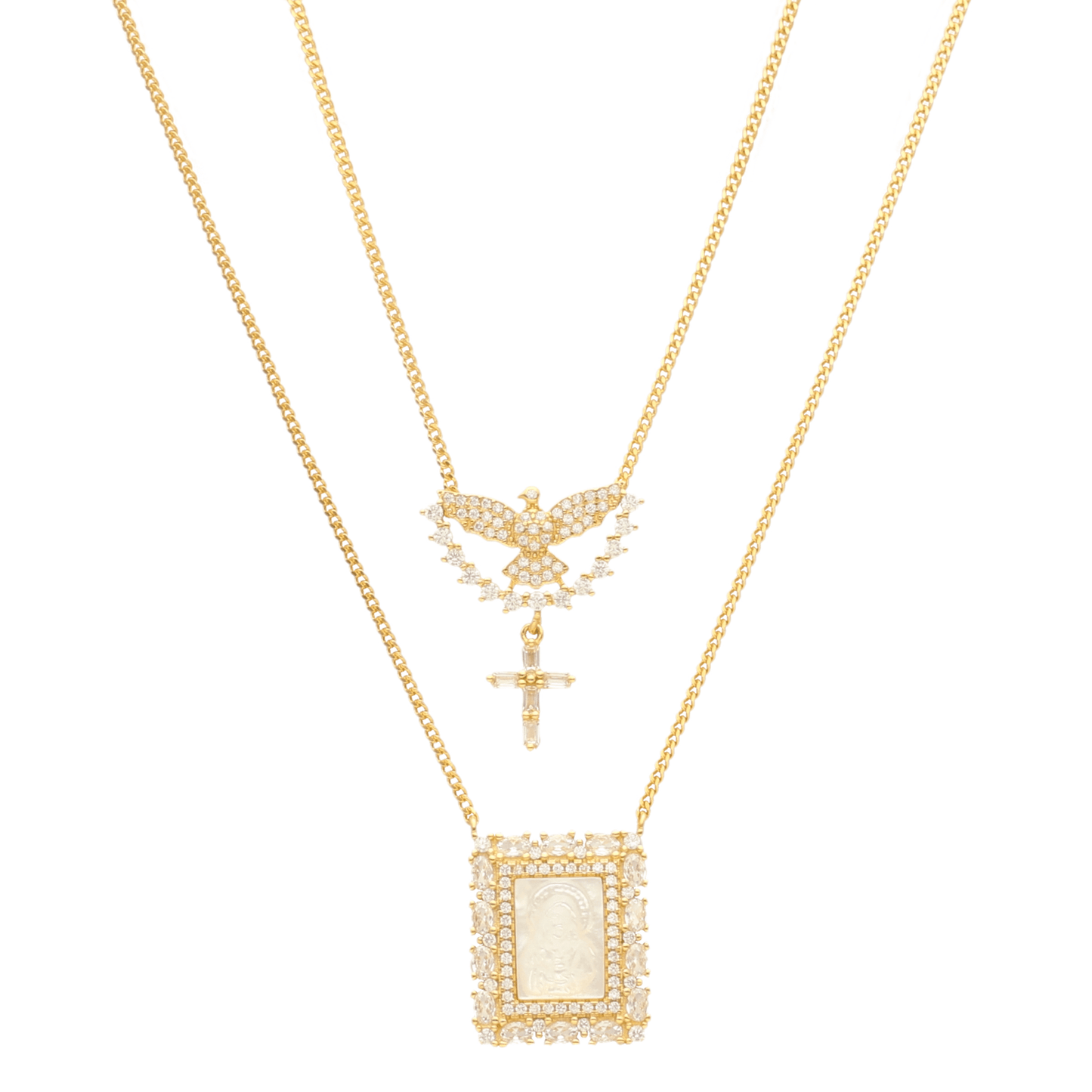 Escapulário em Prata Dourada com Imagem Religiosa em Madrepérola com Pomba e Cruz - Loja do Ouro
