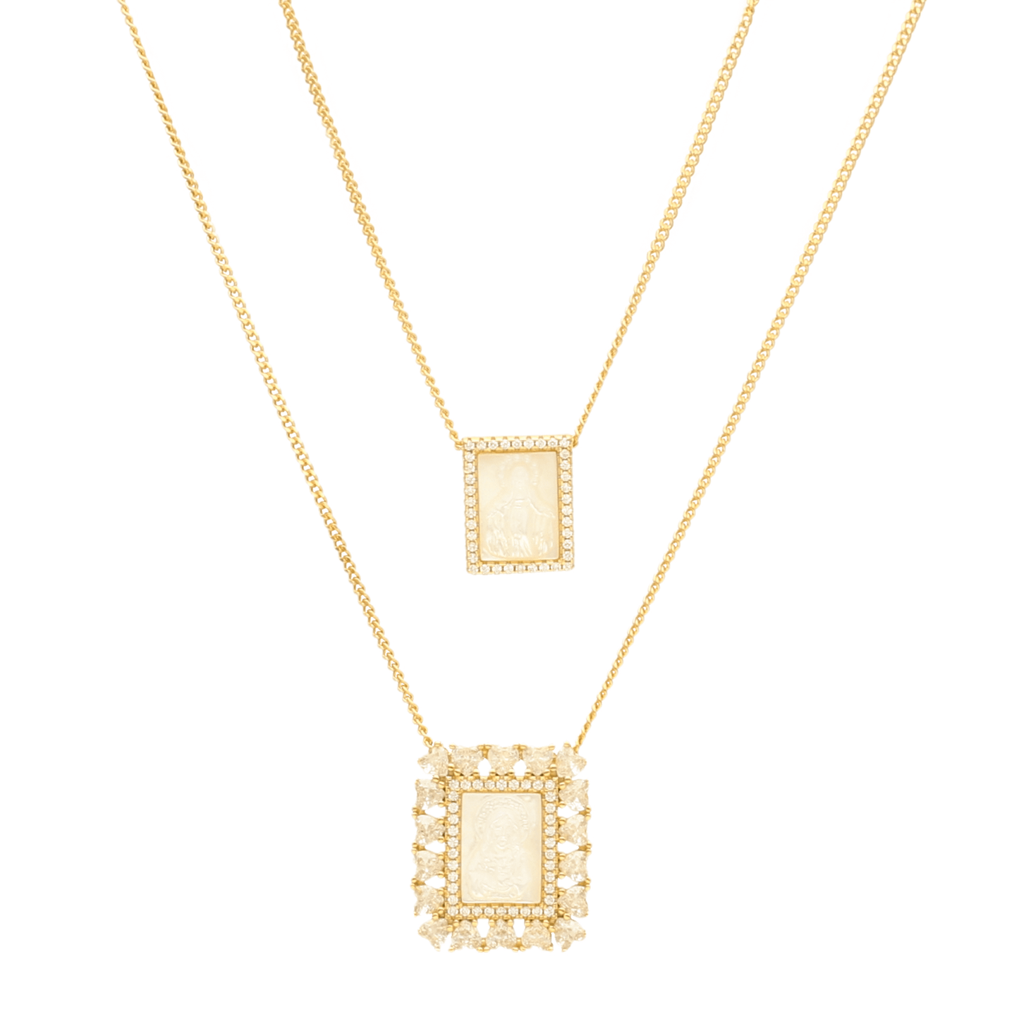 Escapulário em Prata Dourada com Imagem Religiosa em Madrepérola com Zircónias em Coração - Loja do Ouro