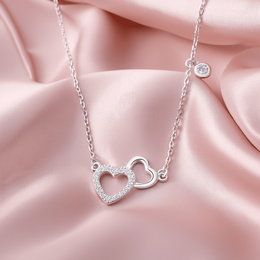 Fio Amor Eterno em Prata com Dois Corações (45cm) - Loja do Ouro