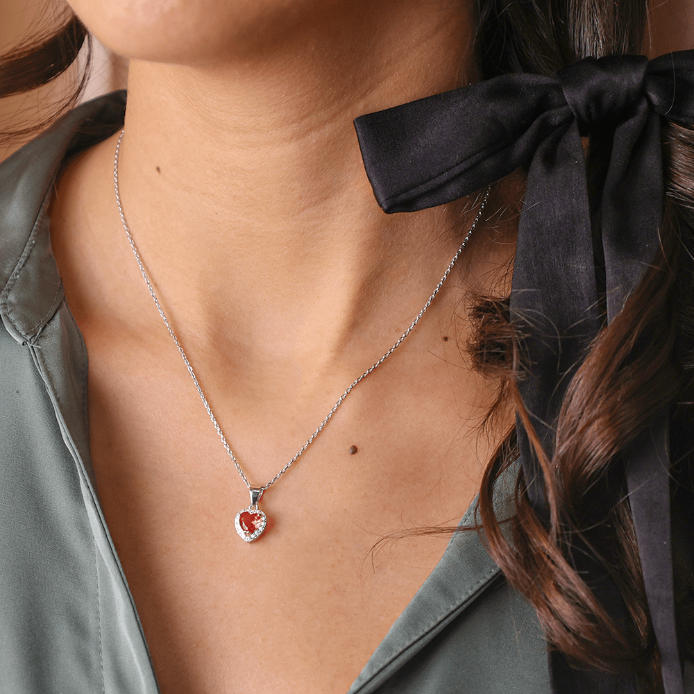 Fio em Prata com Coração Rosa e Zircónias - Loja do Ouro